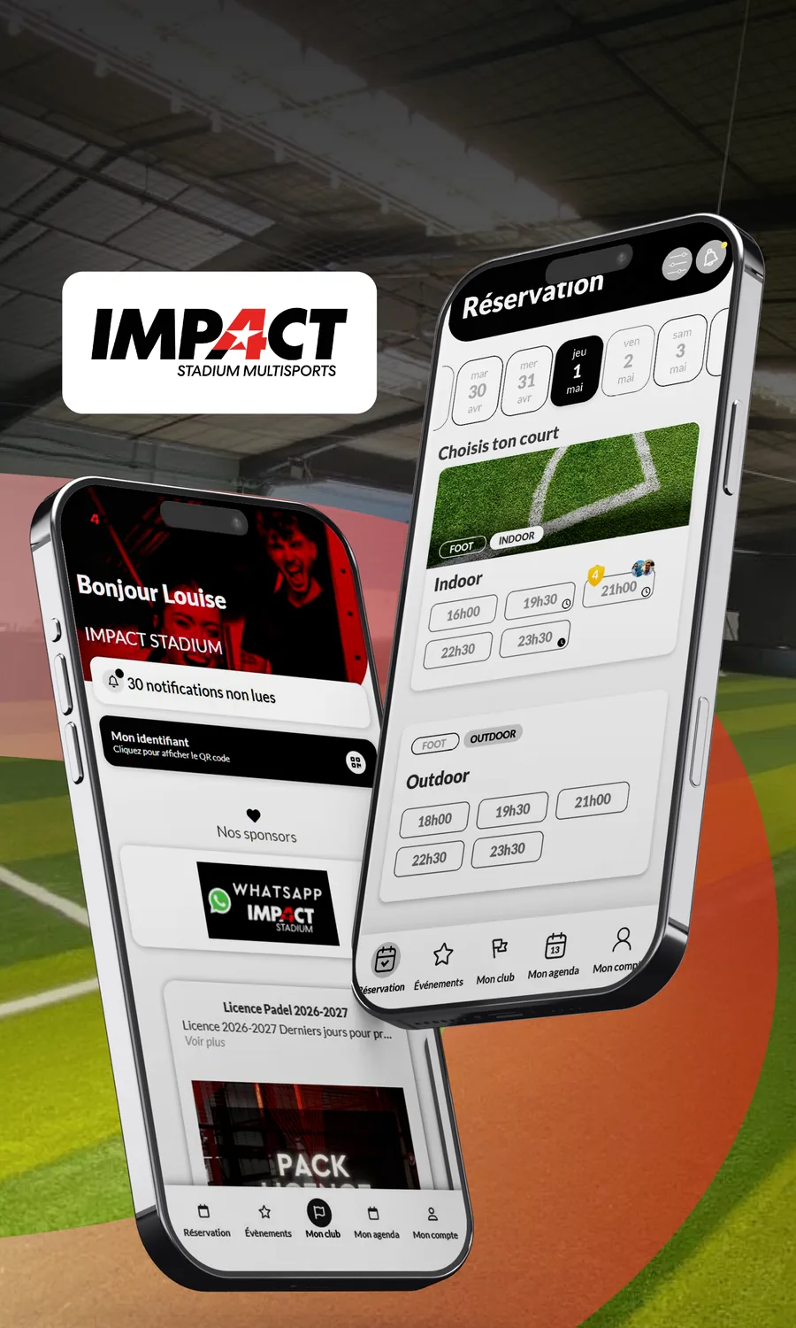 Deux smartphones rouge et noir : accueil et réservation de courts de l'application Impact Stadium