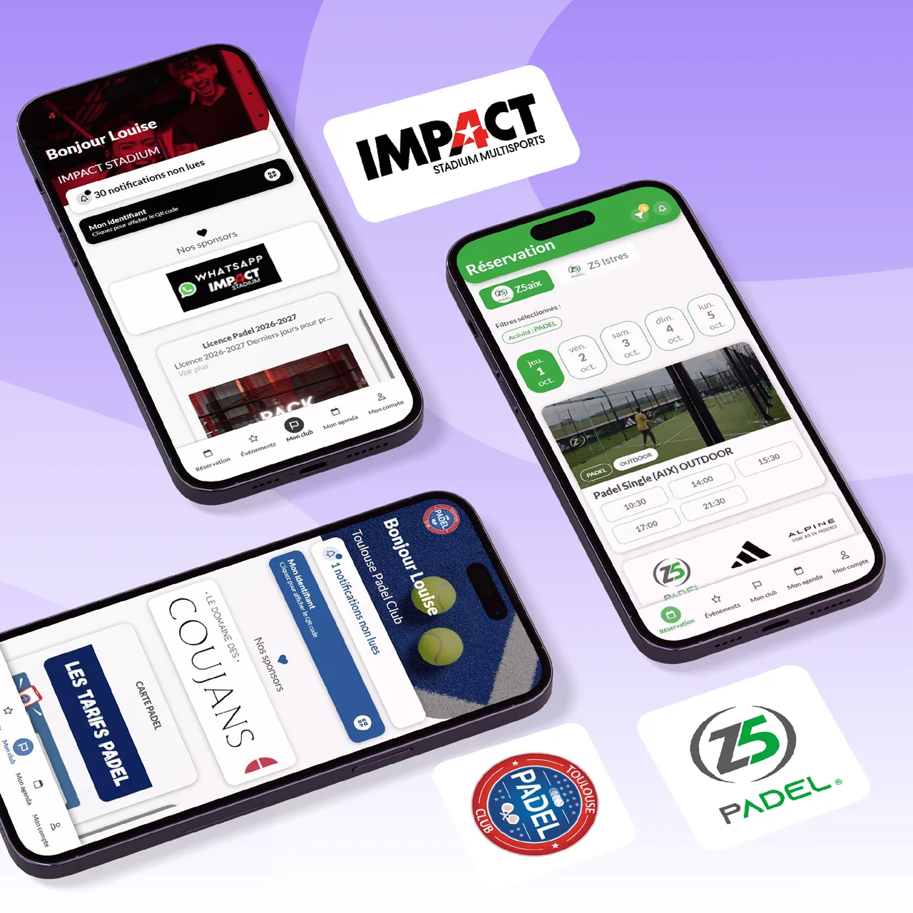 Applications mobiles aux couleurs des clubs Impact Stadium, Z5 Padel et Toulouse Padel Club, avec leurs logos