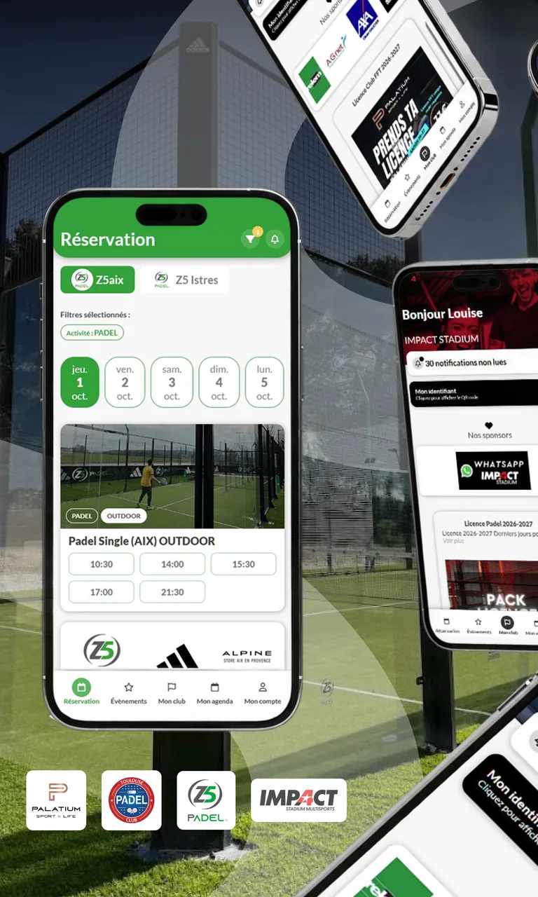 Application de réservation Z5 Padel au premier plan, entourée des applis Impact Stadium et Palatium, logos des quatre clubs