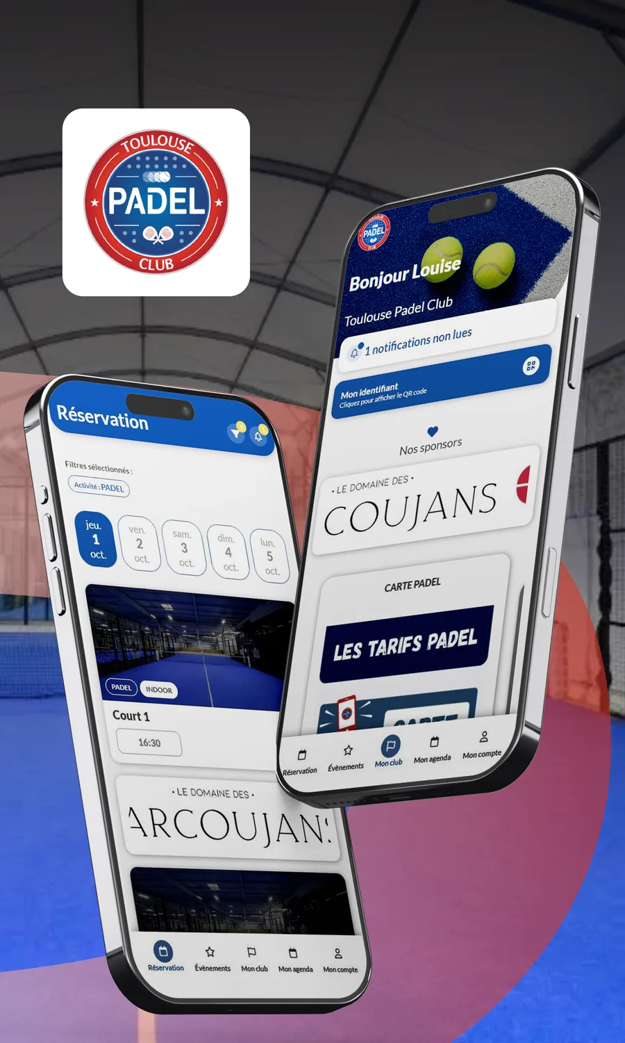 Deux smartphones montrant l'application Toulouse Padel Club, planning de réservation indoor et accueil avec sponsors