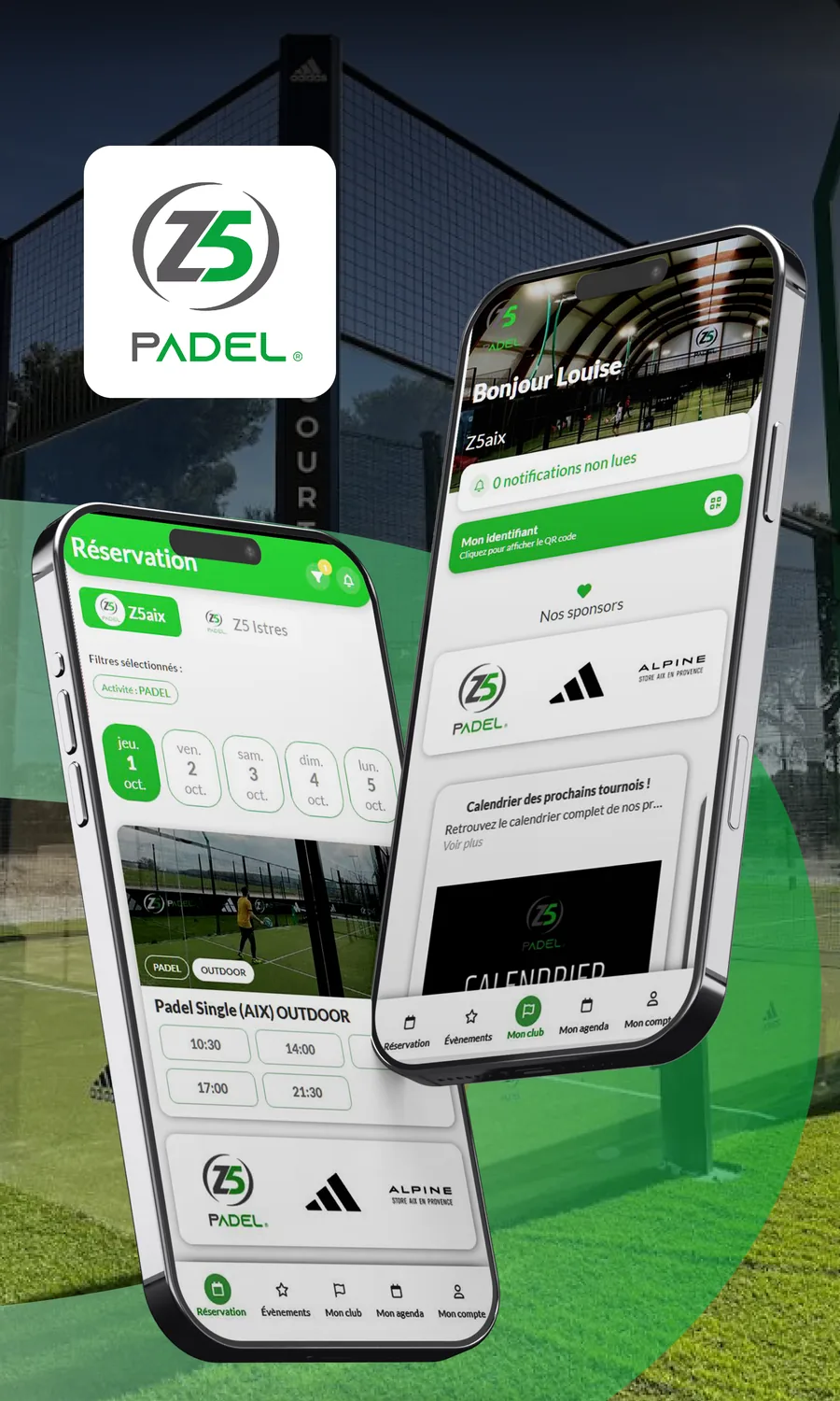 Application Z5 Padel verte sur deux smartphones : réservation Aix et Istres, sponsors et calendrier de tournois