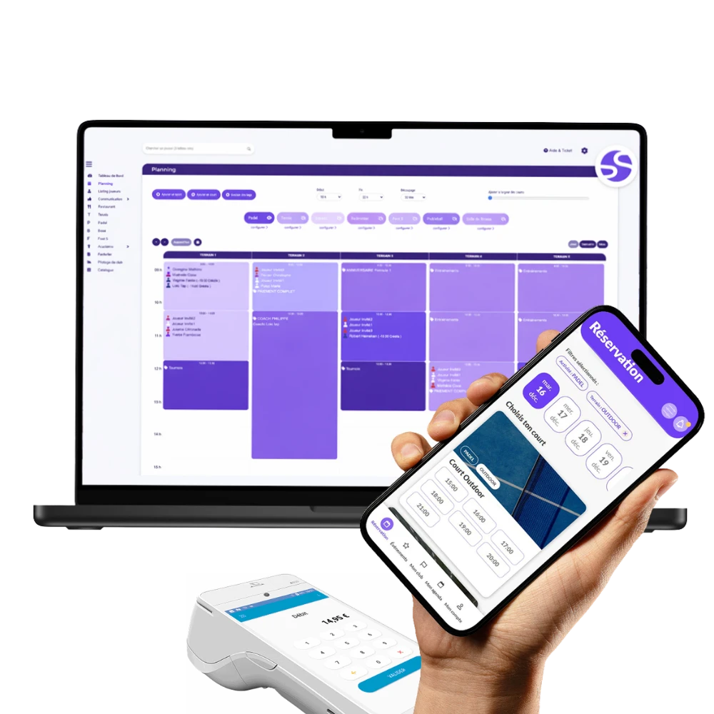 Gestion Sports sur ordinateur, mobile et terminal de paiement : planning, réservations et caisse d'un club