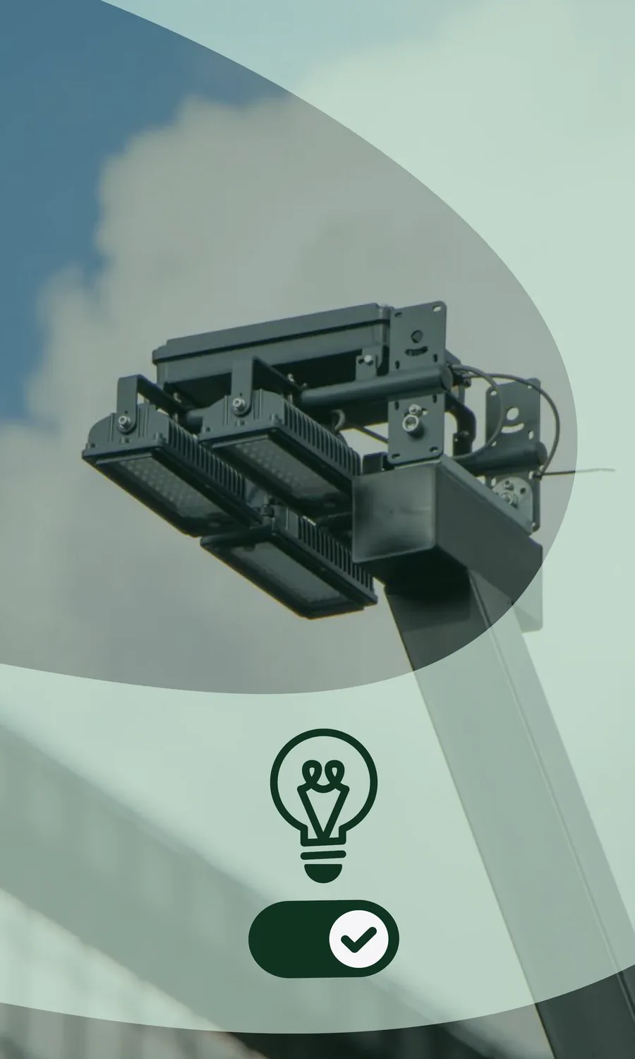 Trois projecteurs LED montés sur un mât, avec icône d'ampoule et interrupteur activé