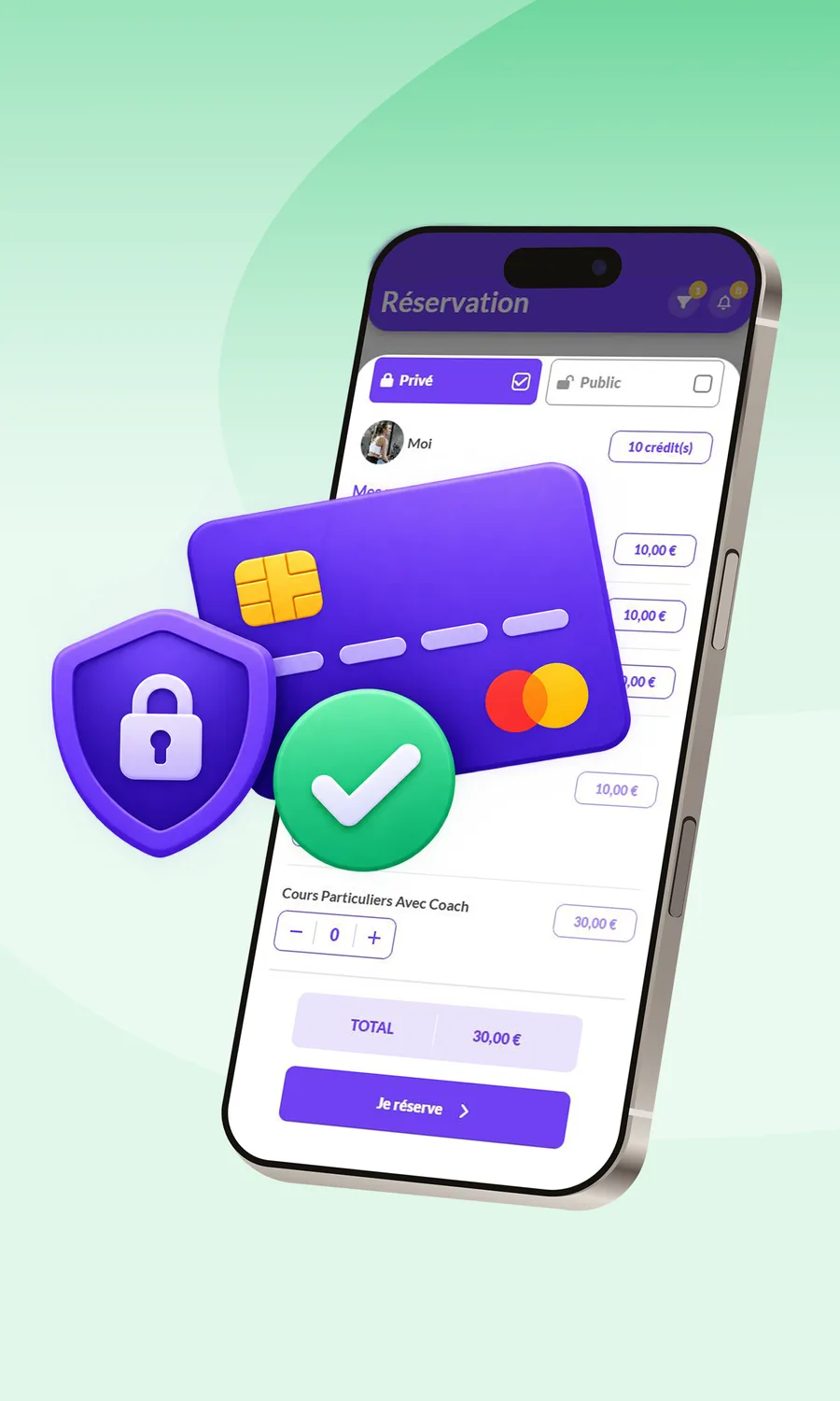 Règlement d'une réservation sur smartphone, avec carte bancaire, cadenas et bouton Je réserve