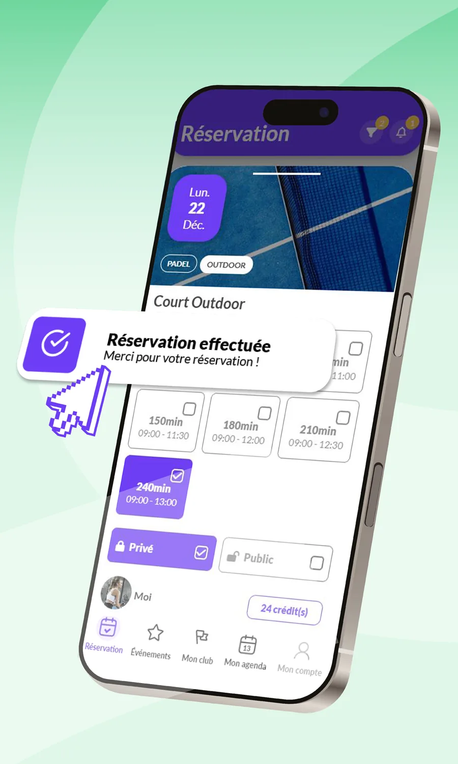 Réservation sur mobile : choix de la durée du créneau, puis récapitulatif avant validation