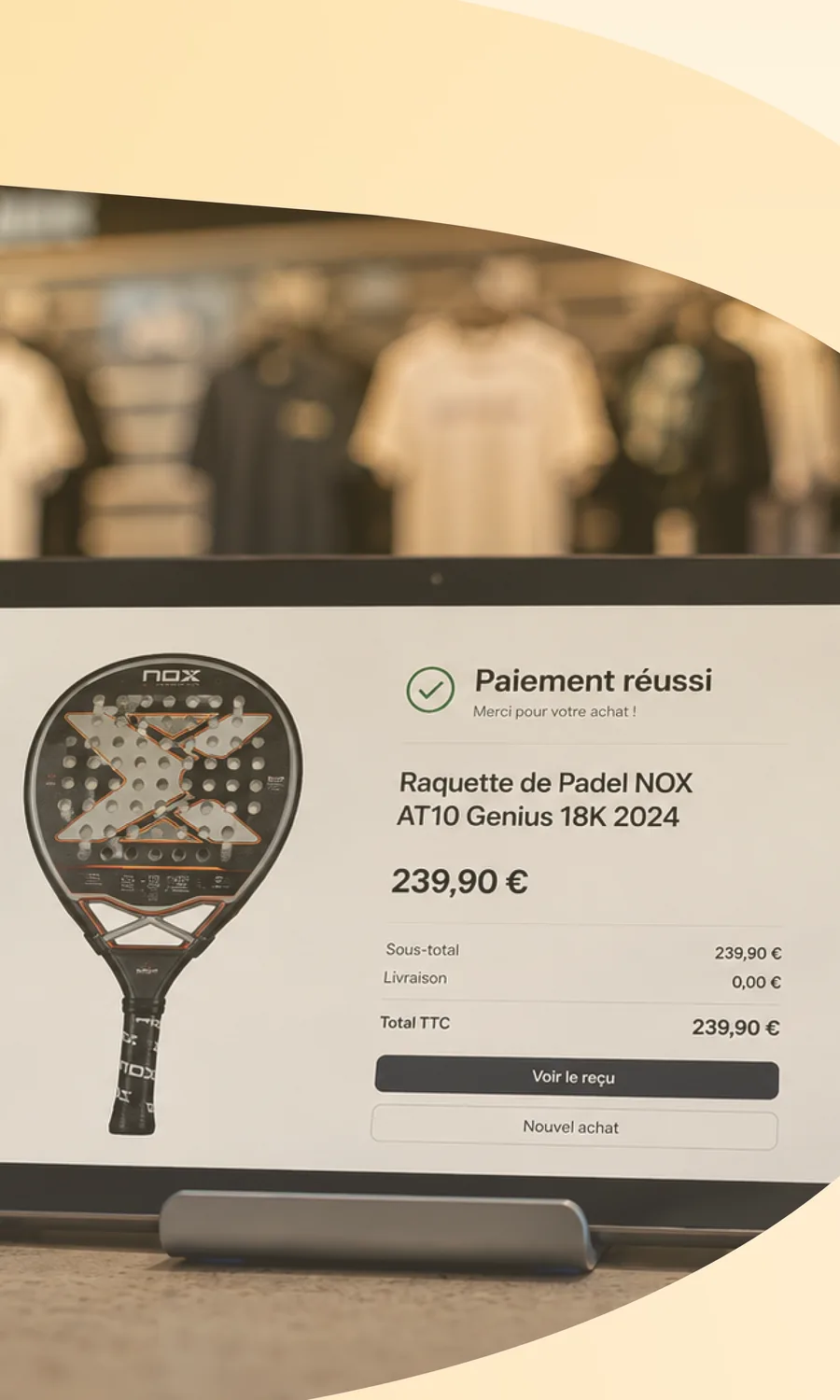 Confirmation de paiement d'une raquette de padel NOX sur écran, devant un rayon textile