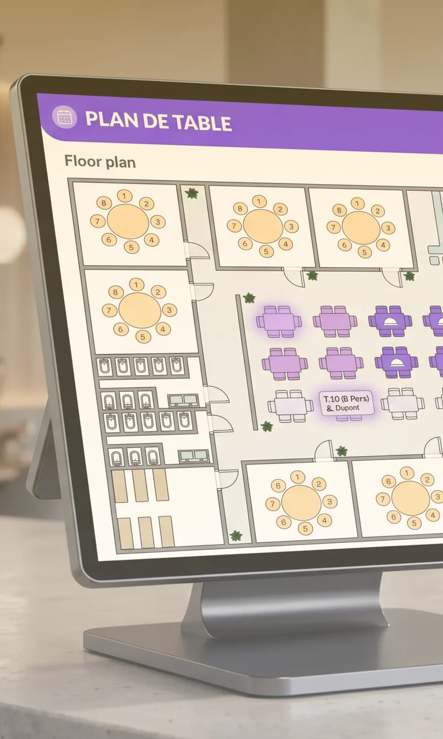 Plan de table d'une salle de restaurant sur écran tactile, avec tables rondes et carrées