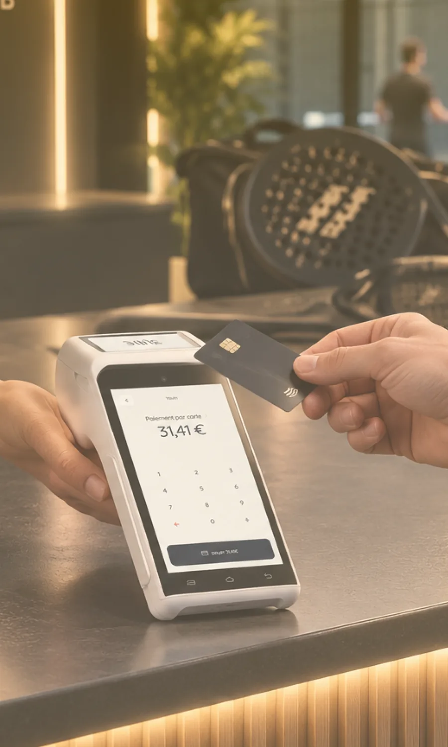 Carte bancaire présentée devant un terminal de paiement, raquette de padel en second plan