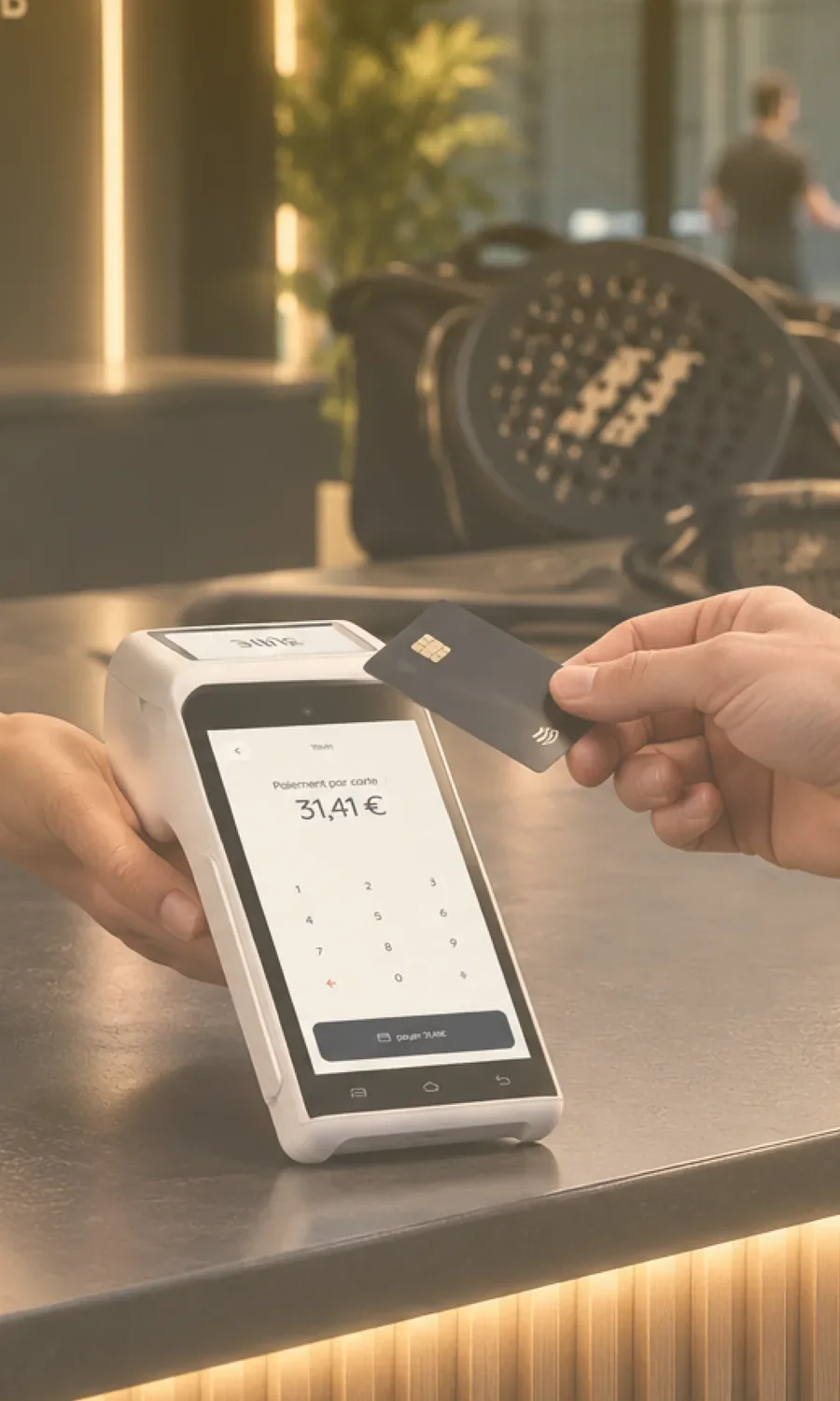 Paiement sans contact au comptoir d'un club de padel : une carte approchée du terminal qui affiche 31,41 €