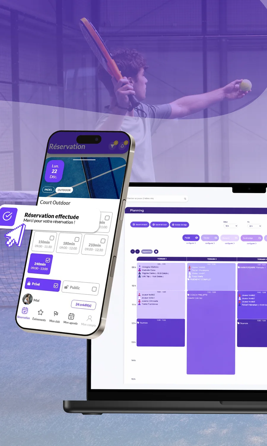 Joueur de padel au service, avec choix de durée et crédits sur l'application mobile