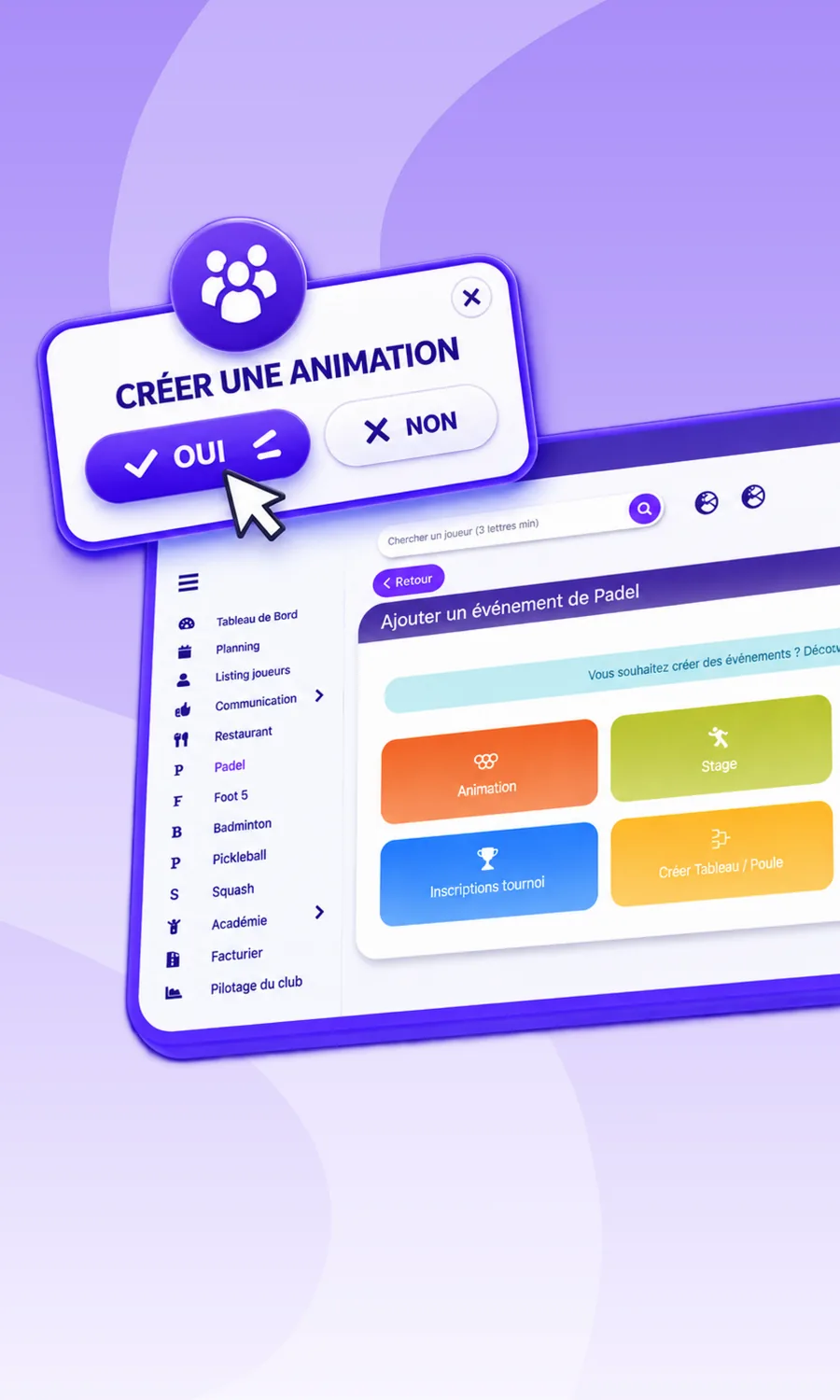 Fenêtre de confirmation Créer une animation devant la page d'ajout d'un événement de padel