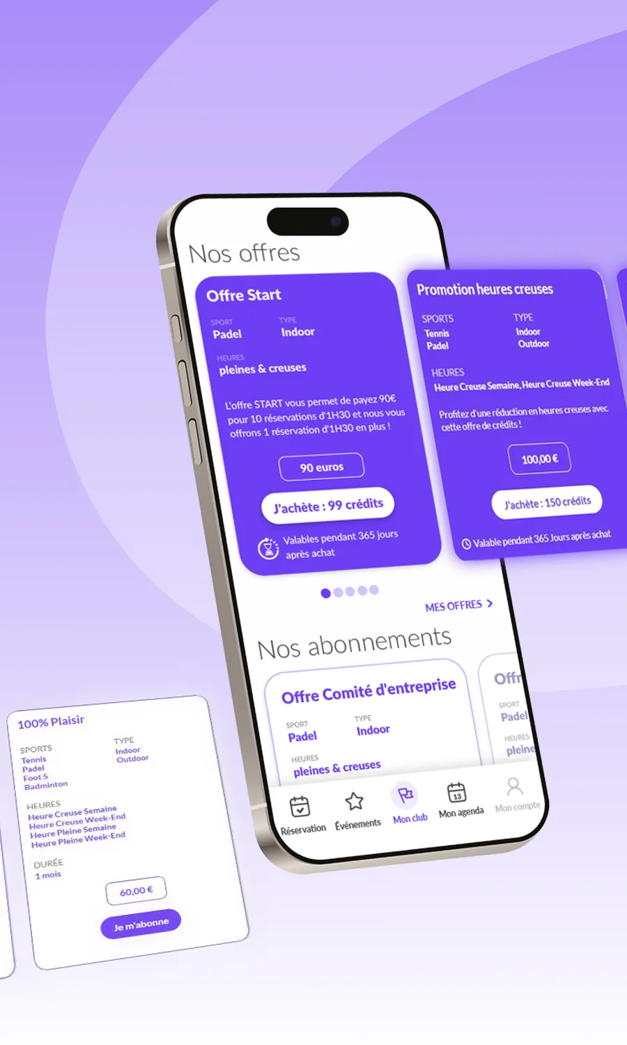 Écran d'application présentant les offres de crédits et les formules d'abonnement d'un club