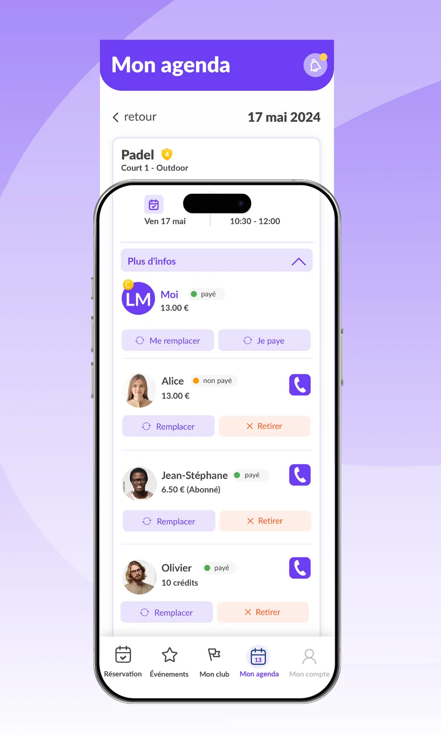 Agenda d'un joueur de padel sur mobile avec détail de la réservation et paiements