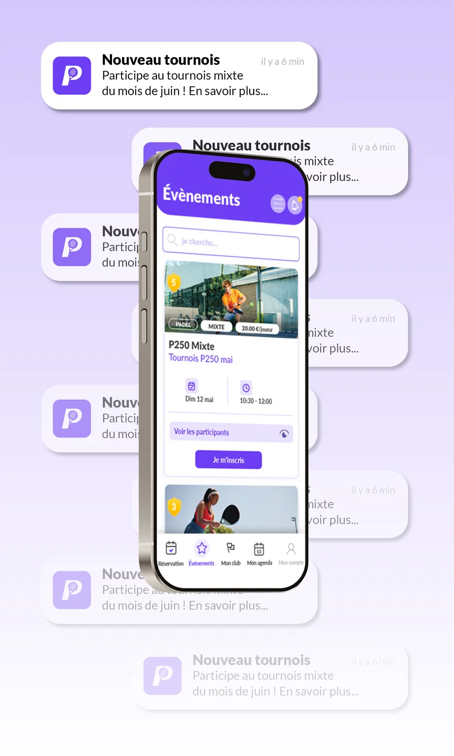 Fiche d'un tournoi P250 mixte dans l'application, avec bouton d'inscription et notifications en arrière-plan