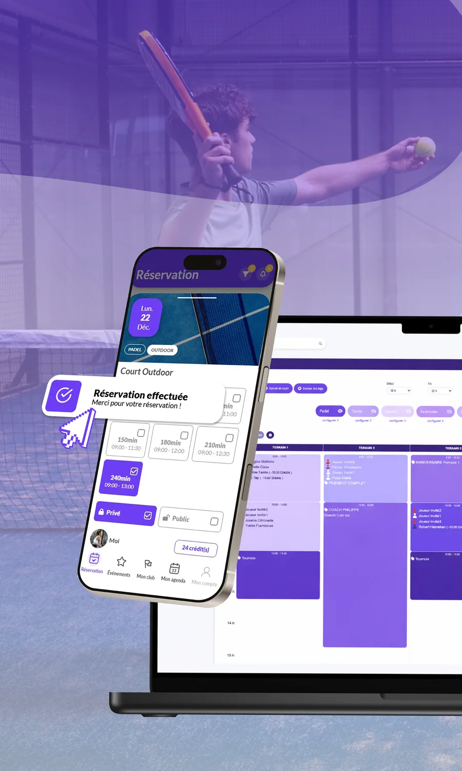 Créneau de padel réservé affiché sur smartphone, planning des terrains ouvert sur ordinateur portable