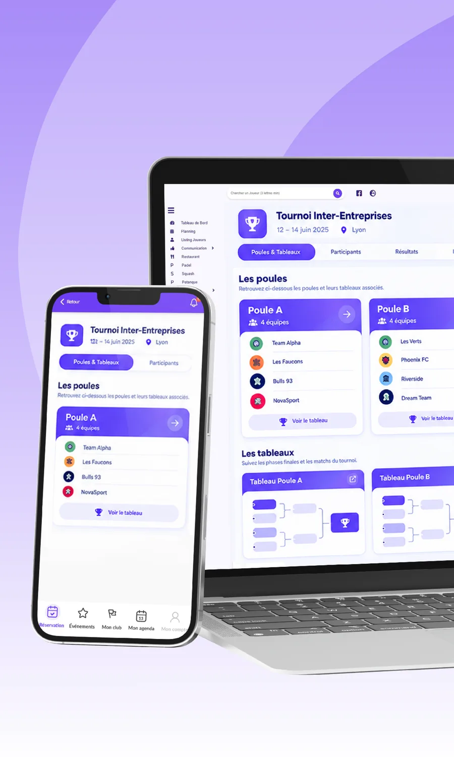 Poules et tableaux d'un tournoi inter-entreprises affichés sur ordinateur et sur téléphone