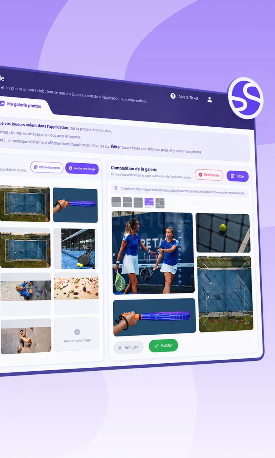 Galerie photos du club en édition, avec joueuses et terrains de padel vus du dessus