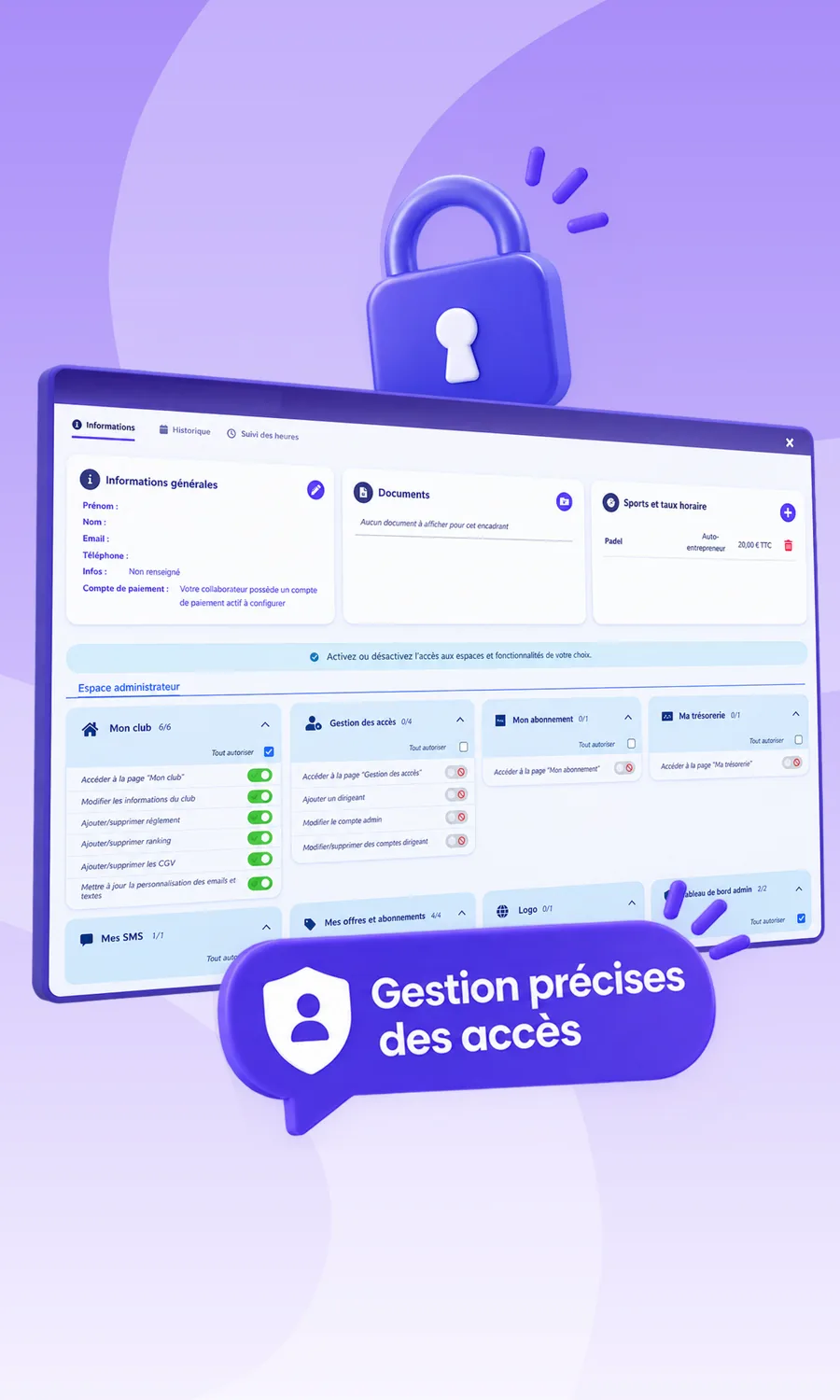Droits d'accès d'un collaborateur avec interrupteurs activés ou désactivés, cadenas violet en illustration