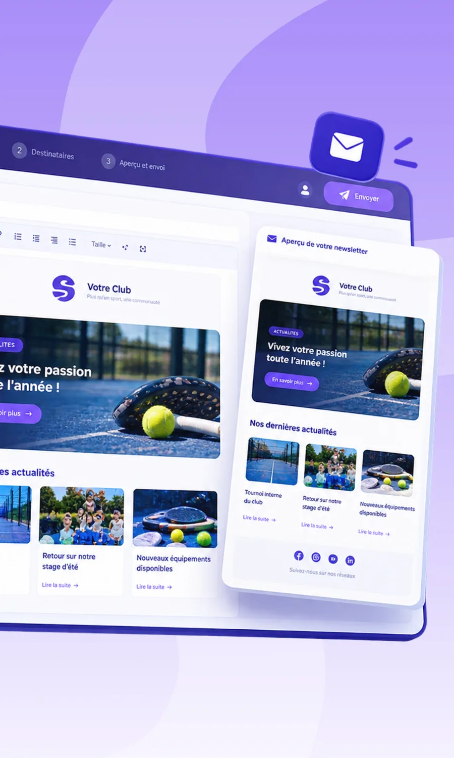 Éditeur de newsletter avec aperçu mobile, bannière de club montrant une raquette de padel