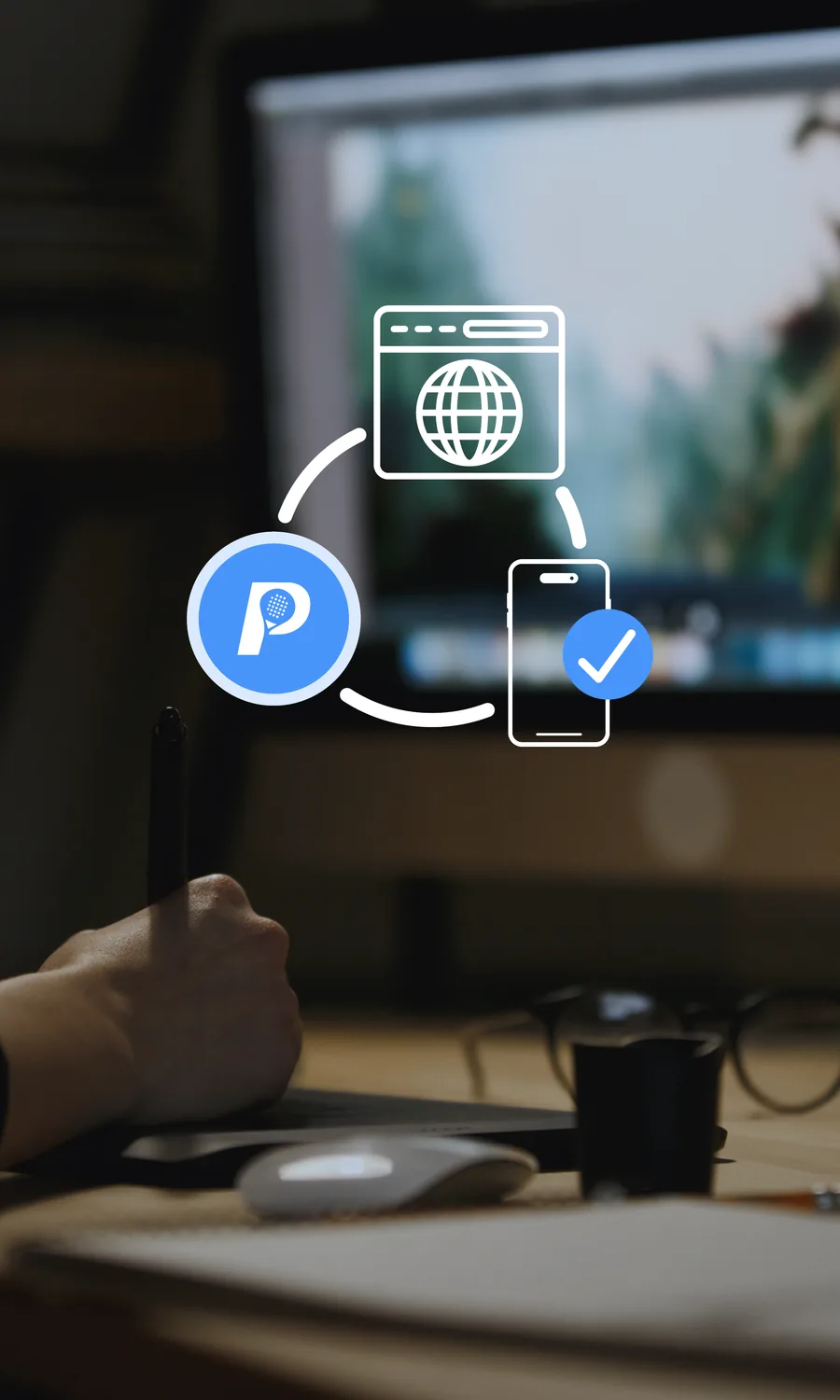 Main tenant un stylet devant un écran, avec icônes de navigateur web et de smartphone