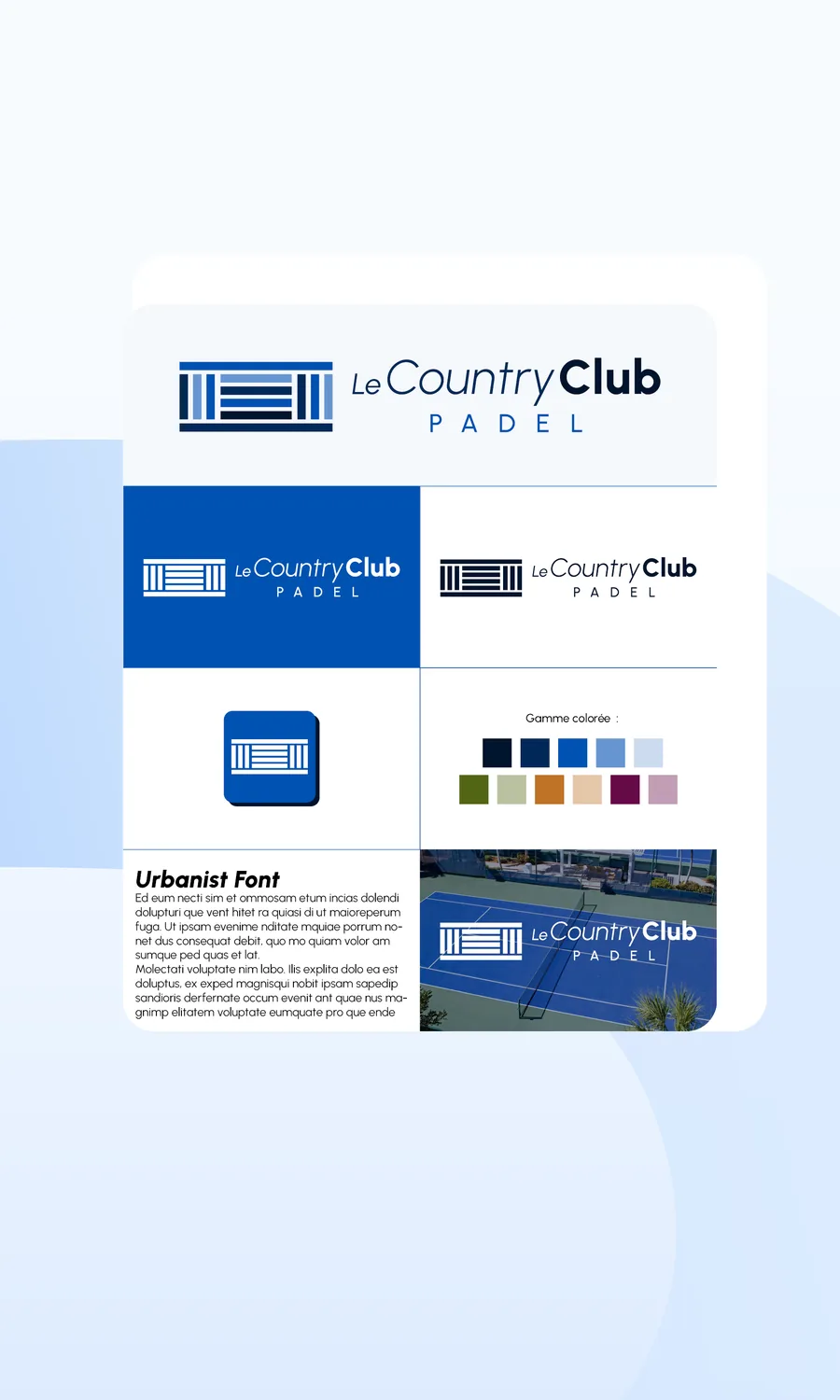 Planche de charte graphique d'un club de padel : logo décliné, palette de couleurs, typographie