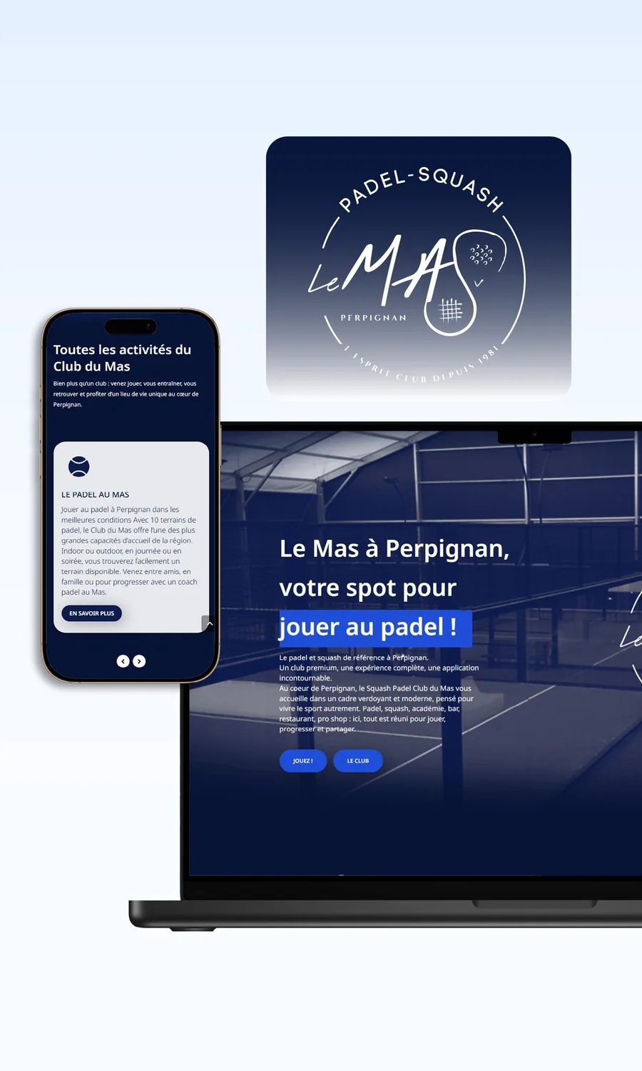 Smartphone et ordinateur portable affichant le même site d'un club de padel de Perpignan