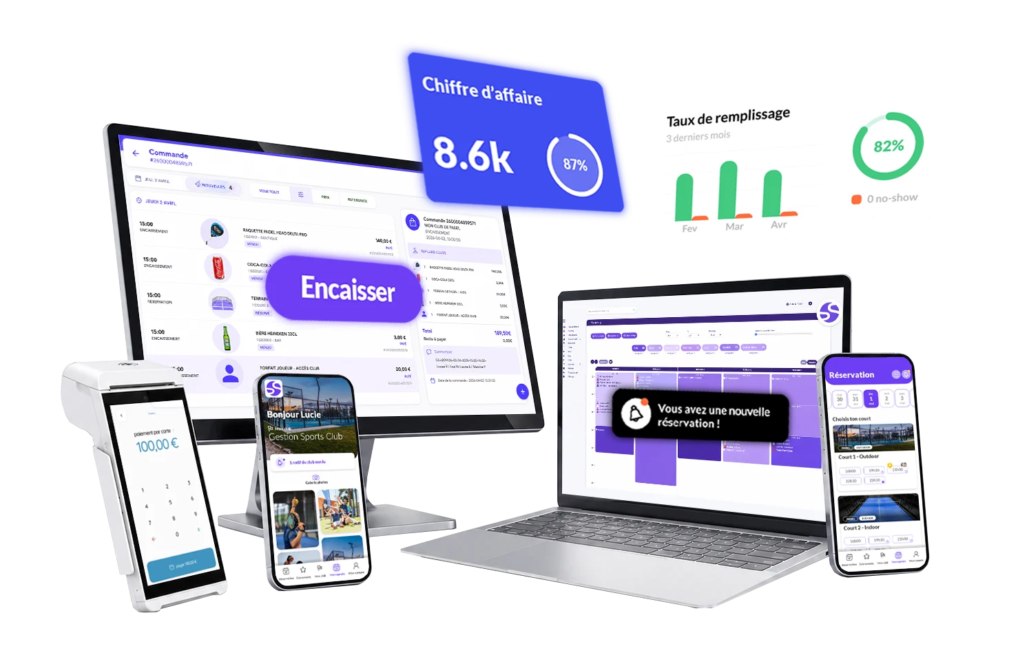 Logiciel Gestion Sports pour club de padel et tennis : caisse, terminal de paiement, planning des réservations et application mobile